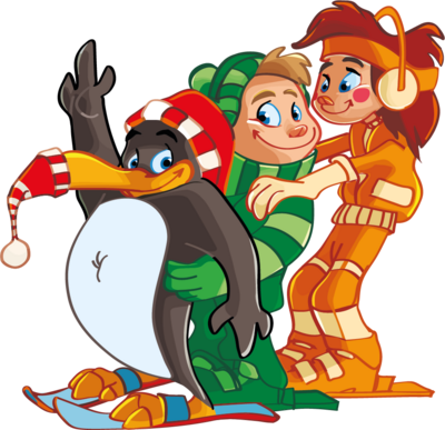 Illustration of BOBO the penguin with friends in a piste snake
