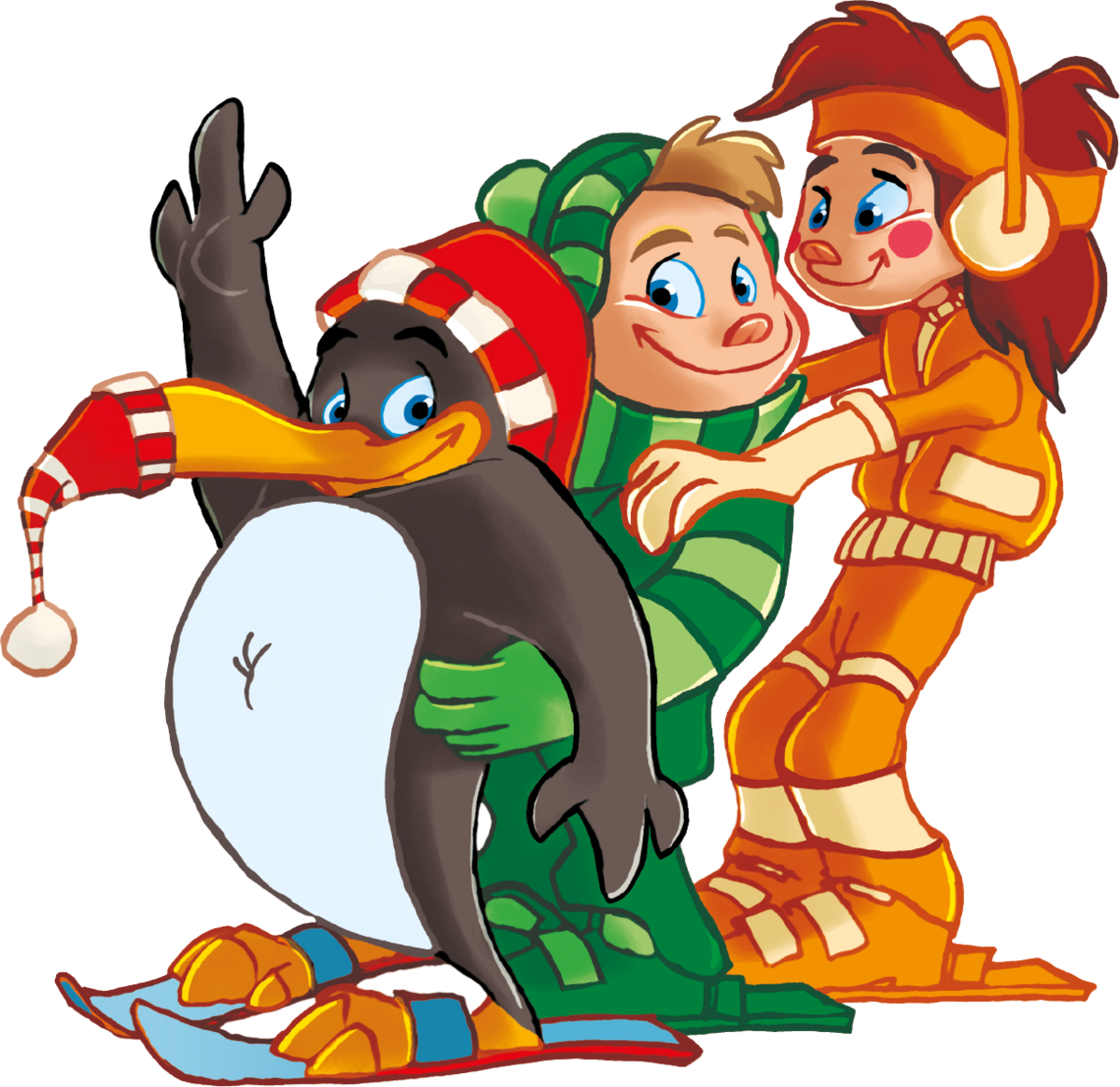 Illustration of BOBO the penguin with friends in a piste snake