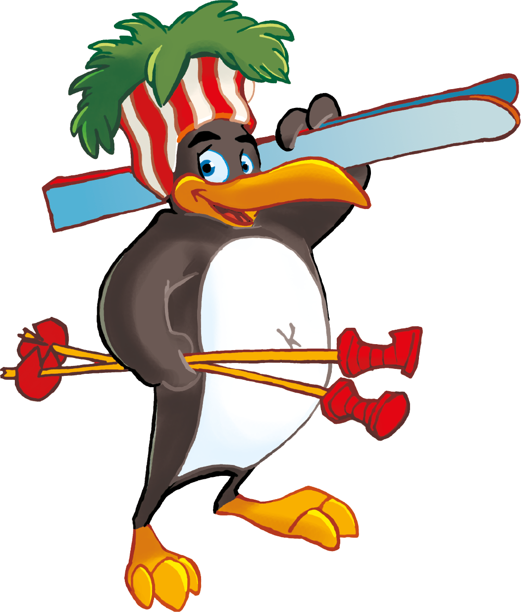 Illustration Pinguin BOBO schultert Skier