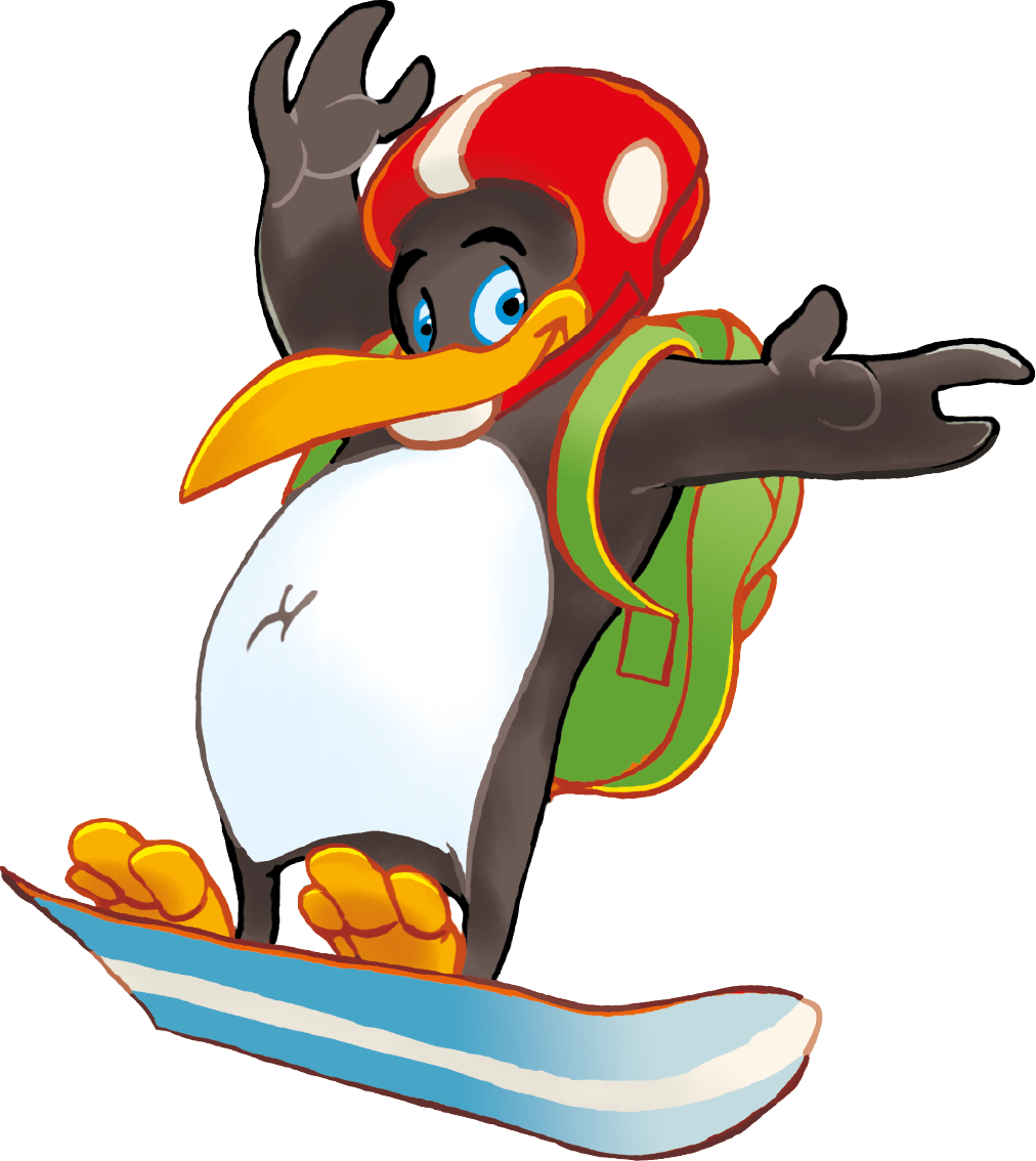 Illustration Pinguin BOBO beim Snowboarden