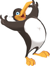 Illustration BOBO the penguin raises his hands in the air